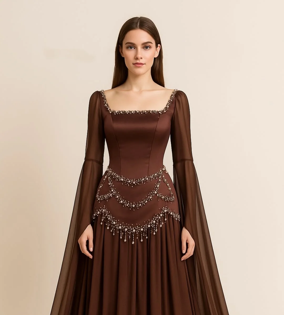 

Customized Square Neck Prom Dresses Long Sleeves Pleated Beadings Tassel Floor Length Formal Occasion Evening Dresses
