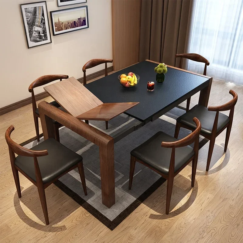 Jasiway Home Furniture Luxury Burning Stone Kitchen Wooden 6 Chairs Modern Extendable Dining Table