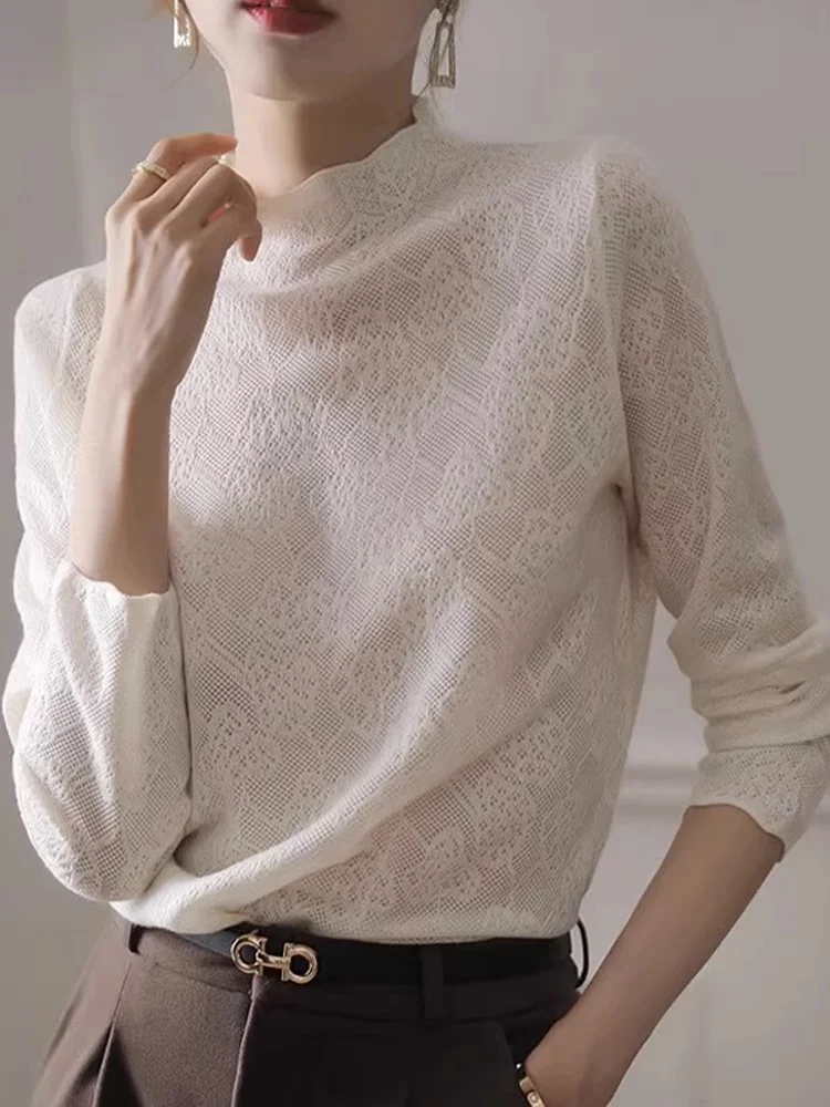 

Sli Lace Base irt Long Sve f High Collar Pullover Slimming Autumn Winter New Sle Versatile Top for plus Size Women