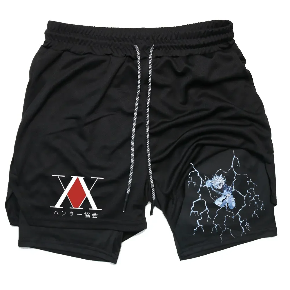 Pantalones cortos de compresión con bolsillos, Shorts deportivos transpirables de Anime Hunter X Hunter para correr, gimnasio y entrenamiento, ropa deportiva de verano