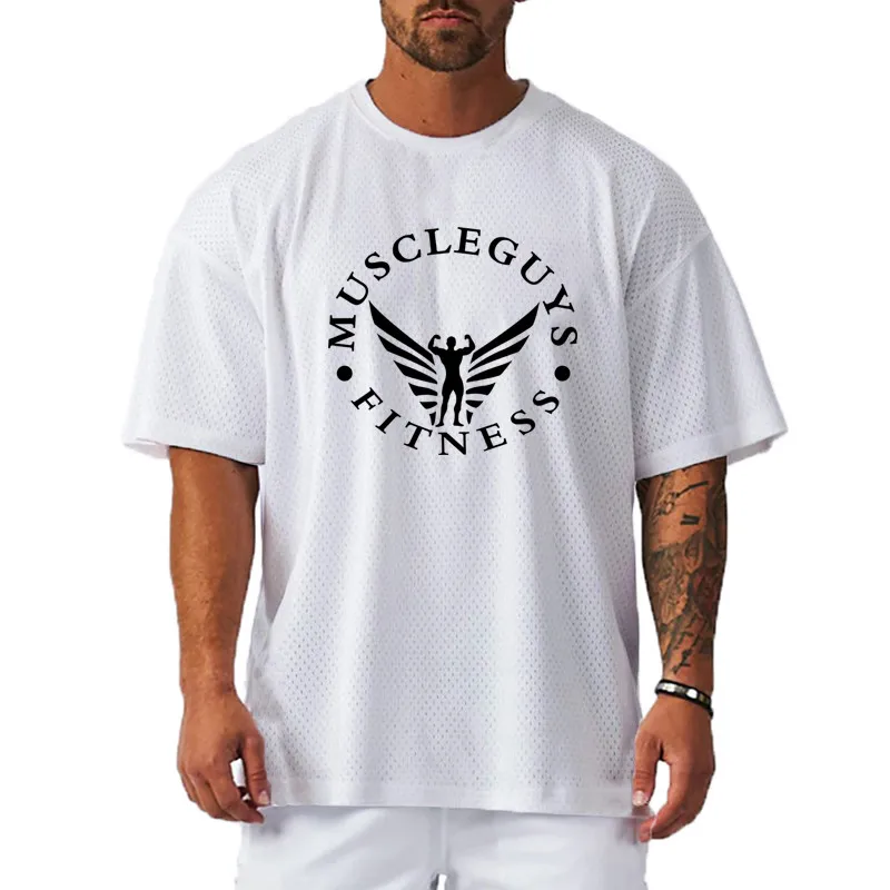 summer Men fitness Pumping iron Oversized Loose Mesh Quick  Running Basketball Fitness Sport Street Hip Hop Half Sleeve T Shirt