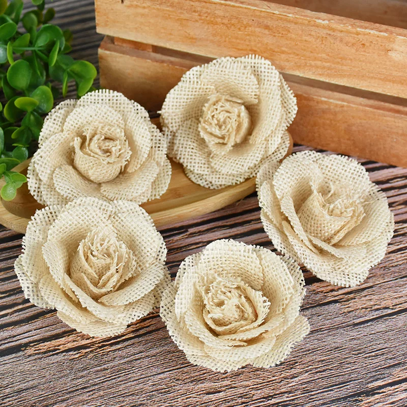 2/3/5pcs Natural Jute Burlap Hessian Rose Artificial Flower Rustic Vintage Wedding Party Decoration Handmade DIY Craft Accessory