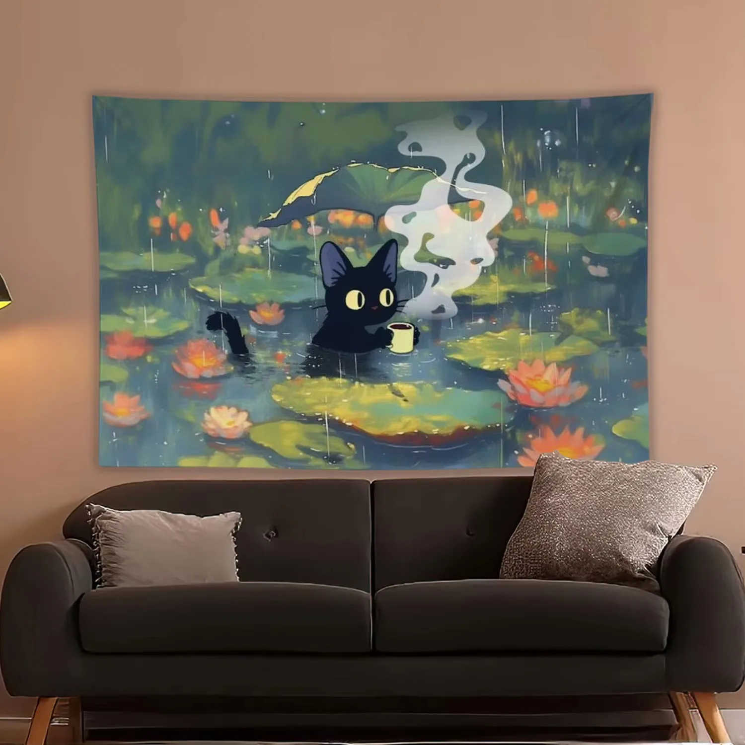 Hippie Tarot Black Cat Tapestry, Cute Cartoon Wall Hanging for Dormitory Bedroom Warm Room Decoration Banner
