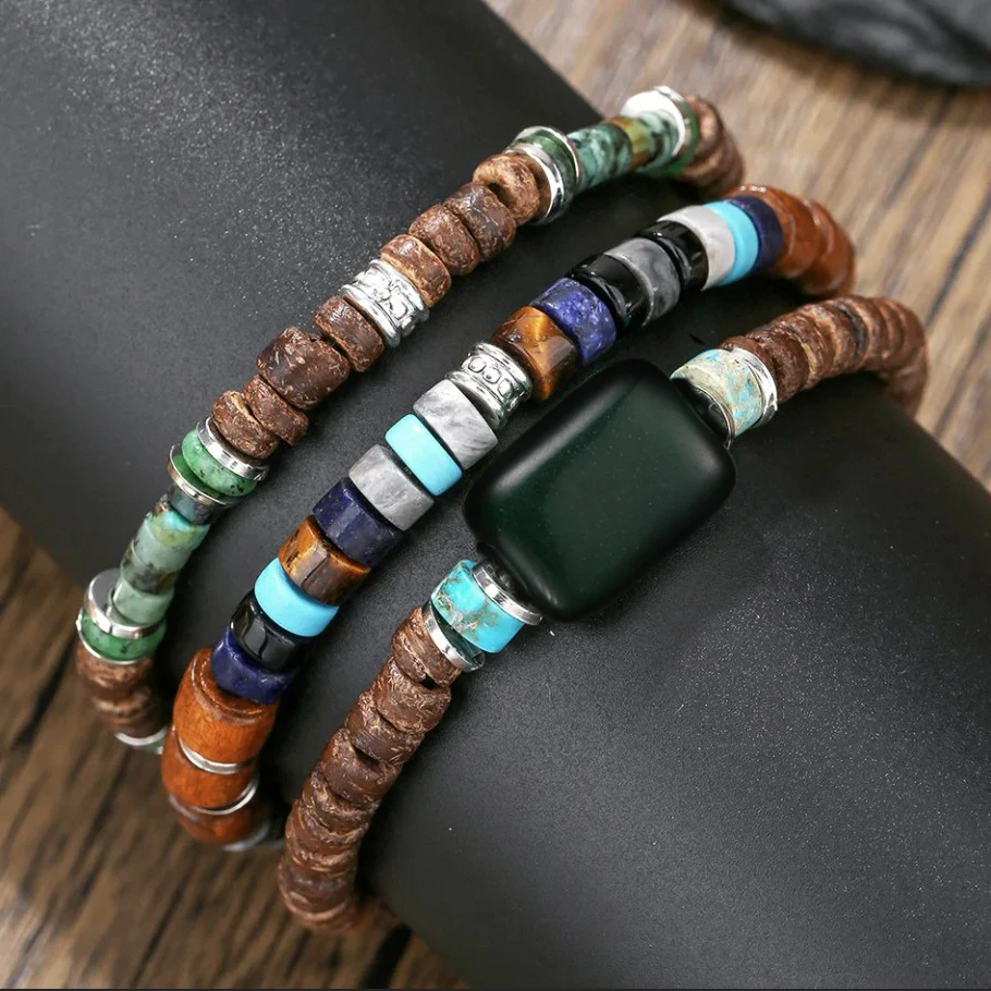3PCS/SET INGX Men's Retro Bohemian Style Coconut Wooden Spacer Bracelet Set for Men Stacked Natural Stone Bracelet Men Wristband