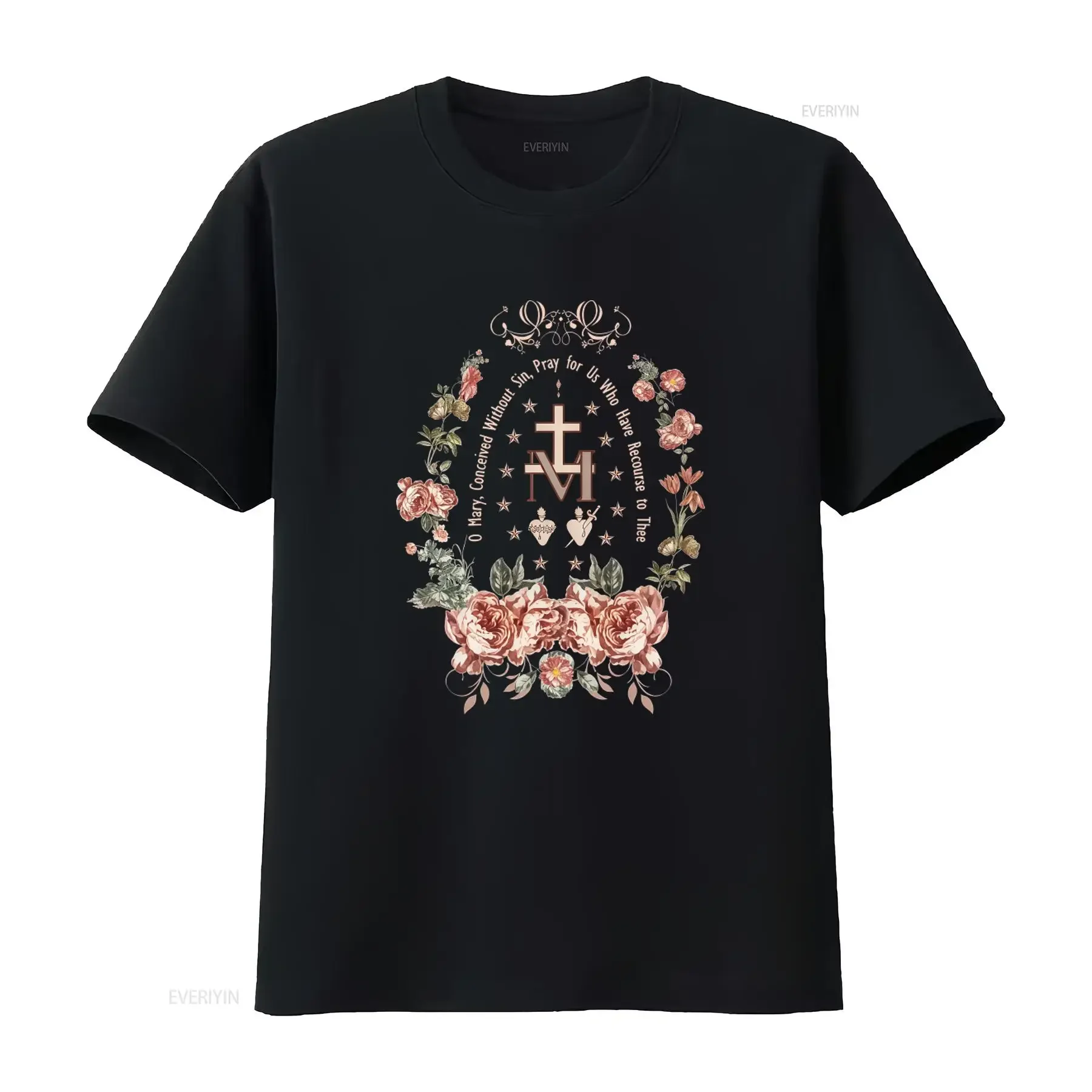 Marian Catholic T Shirt for Women Virgin Mary Cross Floral Religious Design with Pray Us Who Have Recourse to Thee Motif