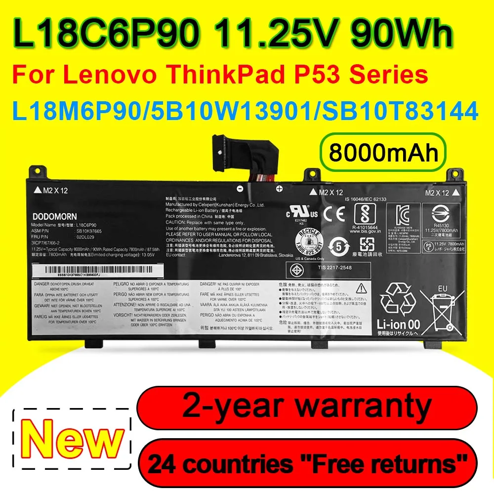 

Аккумулятор L18C6P90 L18M6P90 для ноутбука Lenovo ThinkPad P53, 5B10W13901 SB10T83144 SB10K97664, 11,25 в, 8000 мАч, 90 Вт/ч