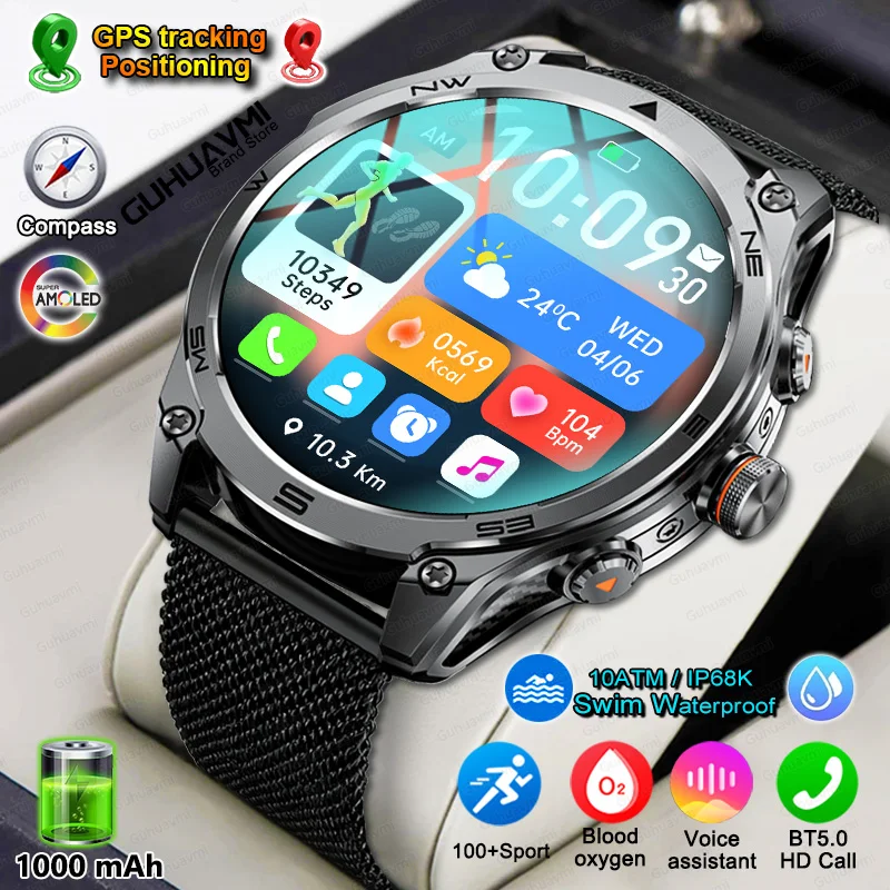 

2025Новые GPS SmartWatch 1000 мАч аккумулятор компас 10ATM водонепроницаемые тактические спортивные фонарики BT вызов умные часы для мужчин Android iOS
