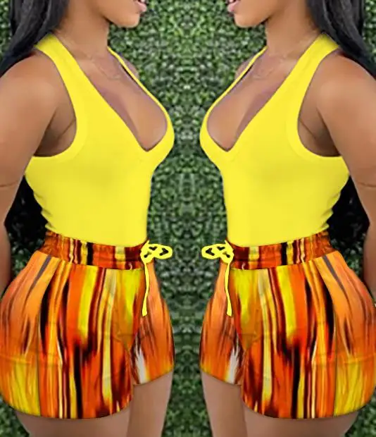 2026年夏ファッション レディースセット 新作 カジュアルショートパンツ プリント無地タンクトップ+タイダイショートパンツセット