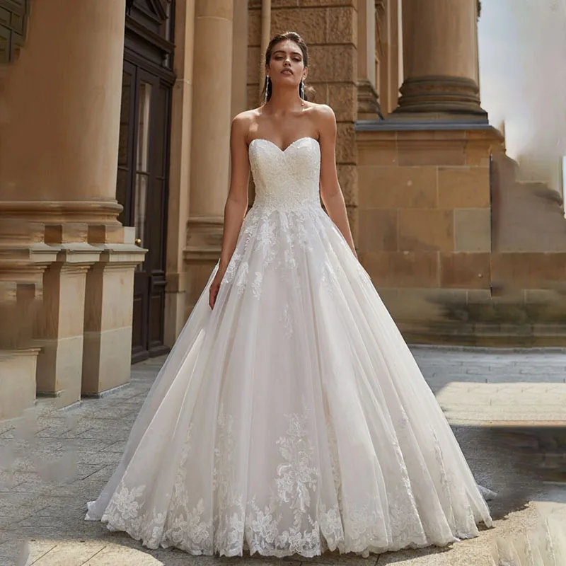 Elegante abito da sposa linea A per donna Abito da sposa senza maniche con collo senza spalline Abito da principessa con applicazioni in pizzo personalizzato