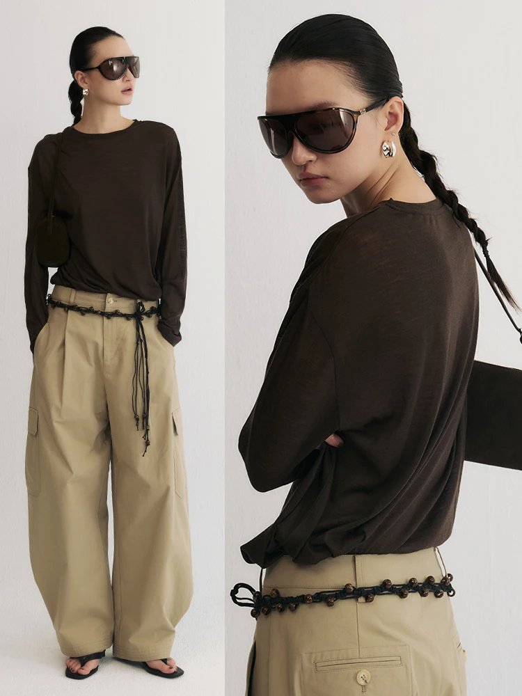 

00% Pure Wool Knitted Long Sve round Ne T-irt Women's Flat Person Top Soft Comfortable Breathable Lightweight Summer