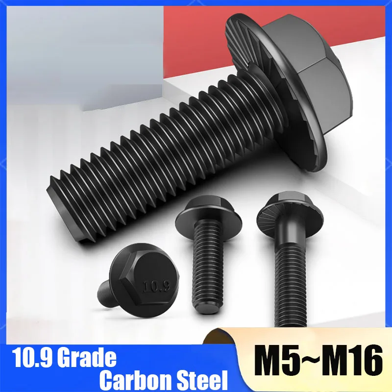 1-5Pcs 10.9 Grade Alloy Steel Hexagon Bolts With Flange Flanged Toothed Anti-slip Screw M5 M6 M8 M10 M12 M14 M16 Length 8mm-60mm