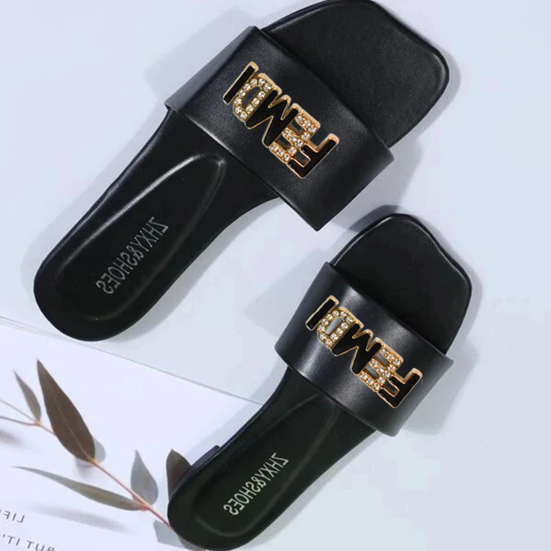 Women Luxury Decor Flat Sandals Charm Open-toe Vacation Casual Slides Party Elegant Office-Ladies Shoes