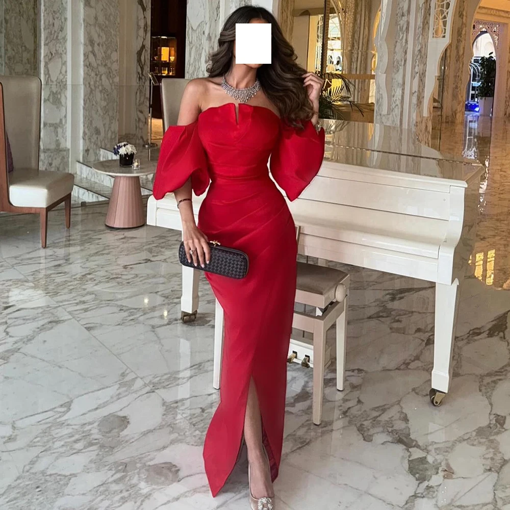 

Classic Red Satin Strapless Off the Shoulder Evening Dresses Formal Pleats Straight Side Slit Floor Length Custom Made Saudi