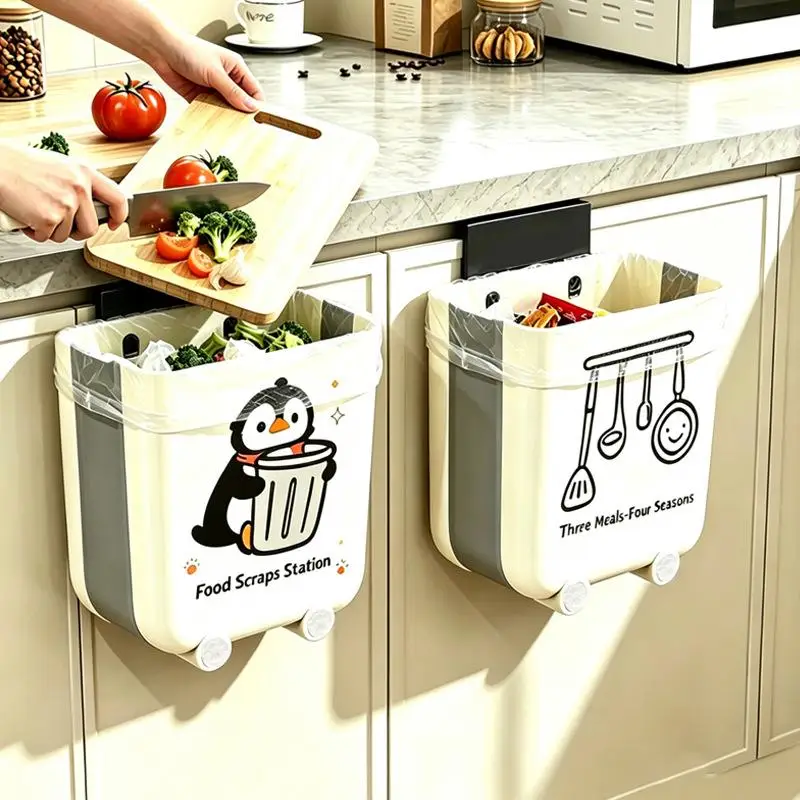 Cute Cartoon Foldable Hanging Kitchen Trash Bin No Drill Space Saving For Food Scraps Cabinet Door Mount Storage