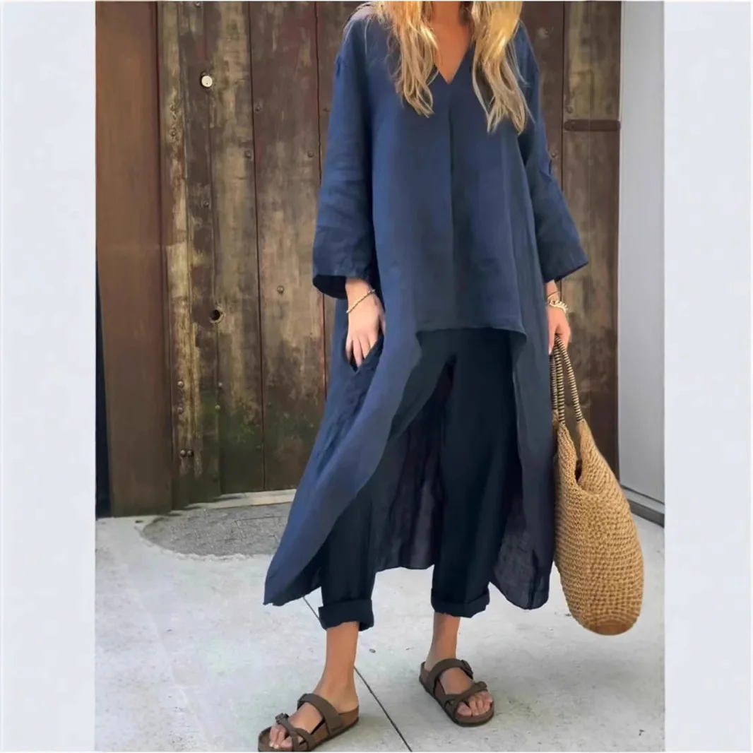 

Women Pant Set Two Piece Sets V Neck Matching Sets Tops Long Pants High Waist Y2k Streetwear Elegant Splice Work Casual 2025