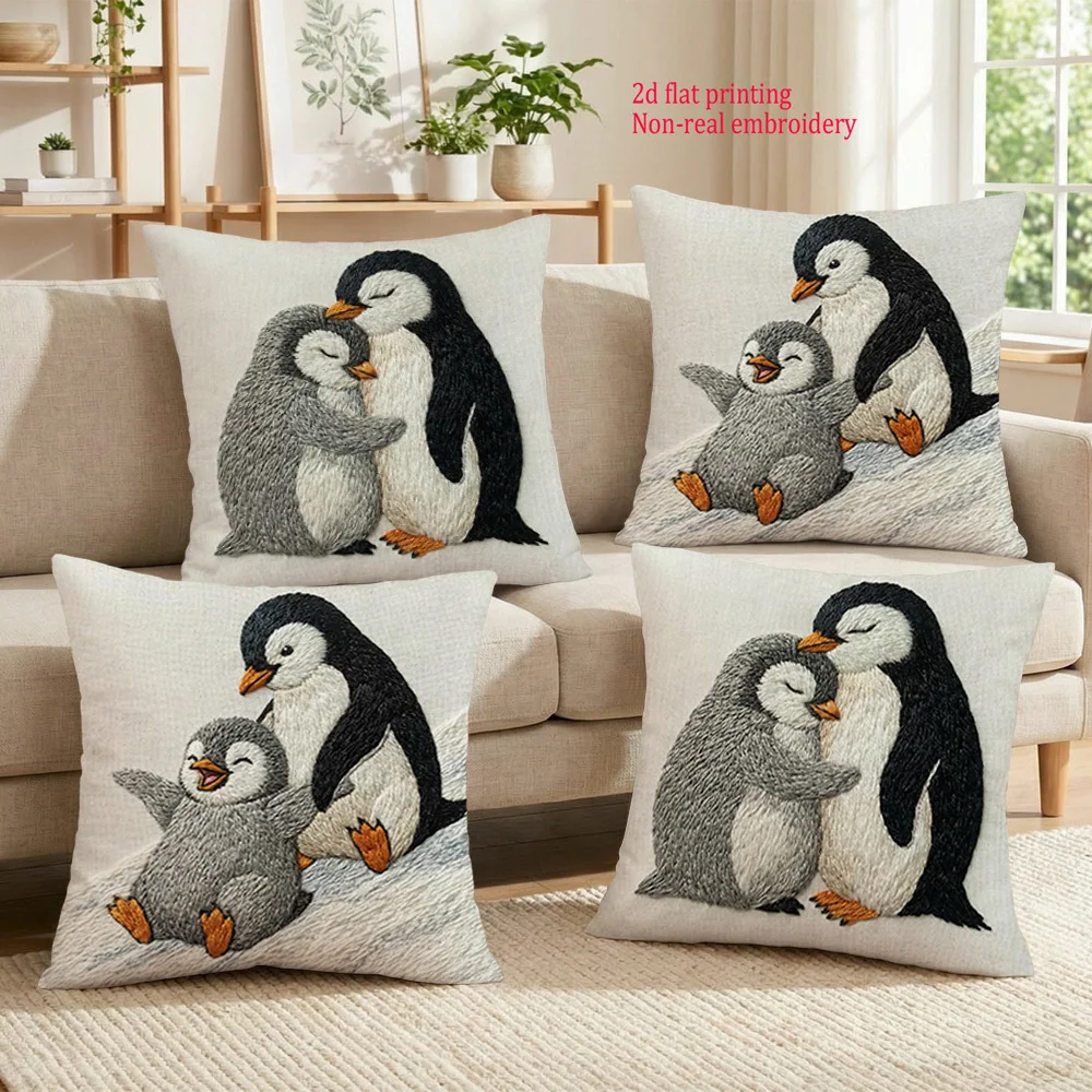 1pc Cute Emperor Penguin Parent And Chick Throw Pillow Cover Home Farmhouse Outdoor Decoration Cushion Cover