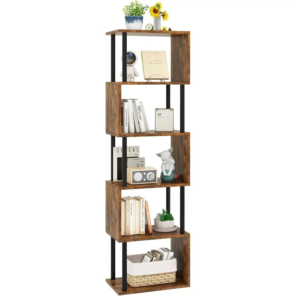 6-Tier Tall Bookshelf, S-Shaped Geometric, Brown | Wood Display Shelves with Storage for Industrial Decorative Storage Shelving