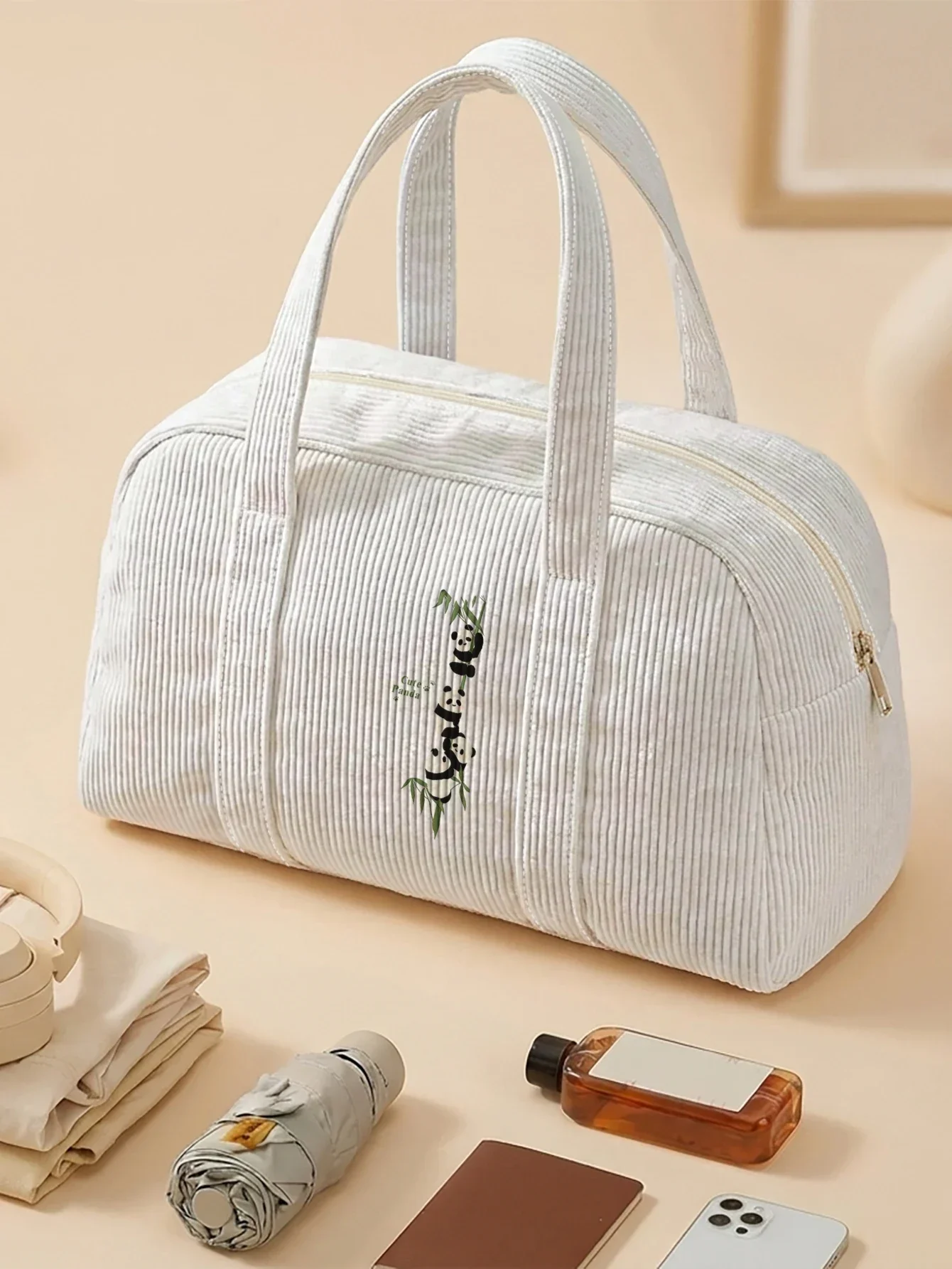 Cute Panda Bamboo Print Corduroy Handbag Large Capacity Zipper Tote Bag Portable For Shopping Travel Daily Storage Use