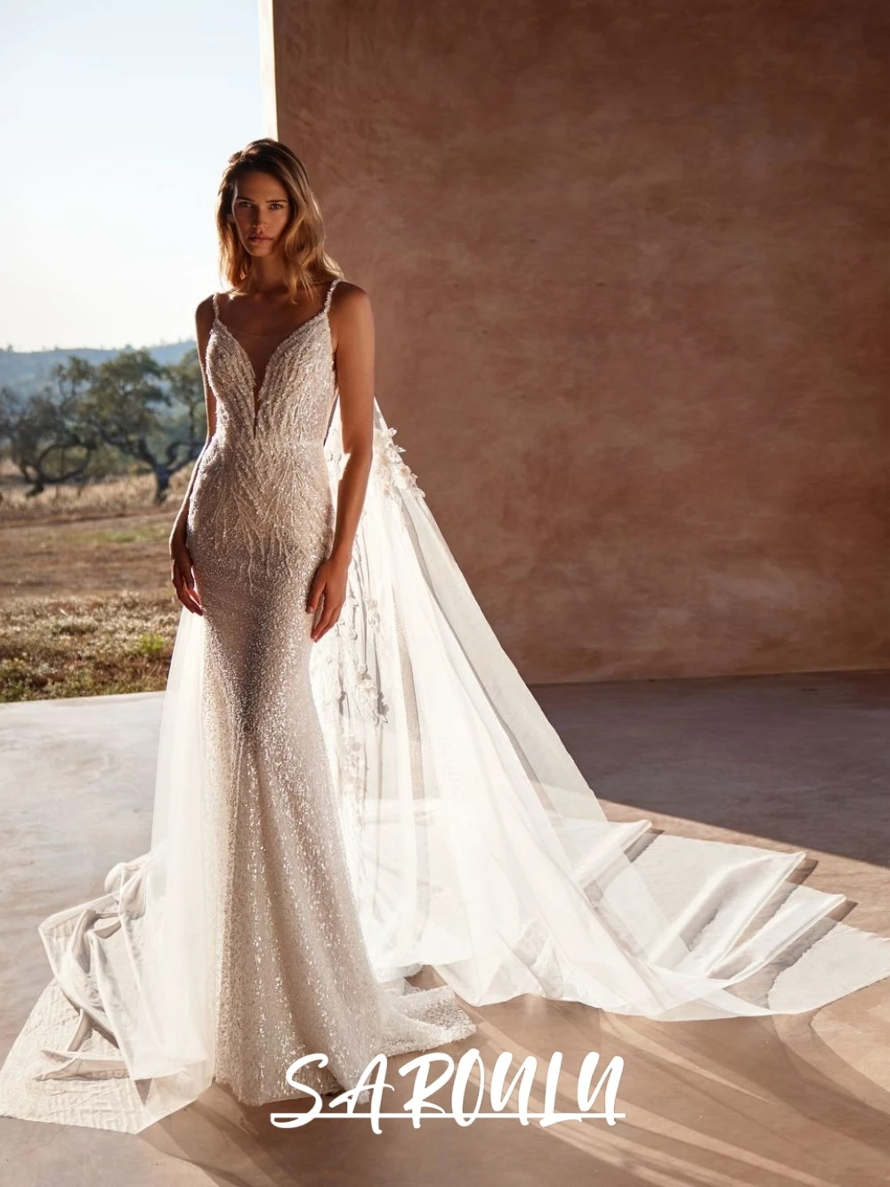 

Shiny Mermaid Sexy Backless Wedding Dress Customized Modern Deep V Neck Bridal Gown With Cape Fantasy Sequined Classy Bride Wear