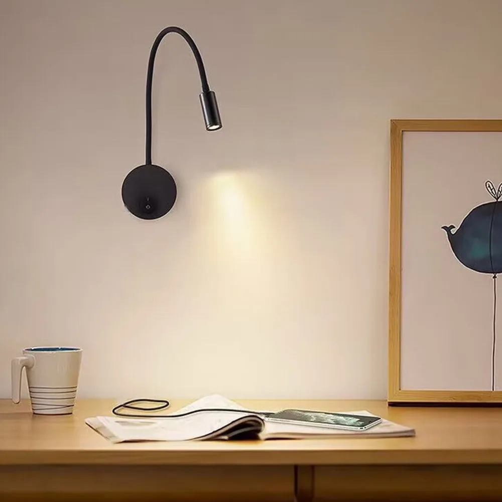 Eye-Caring Gooseneck Reading Light 3W 3000K Warm White Reading Lamp Hardwired 360 Degree Adjustable Wall Lamp Bedroom