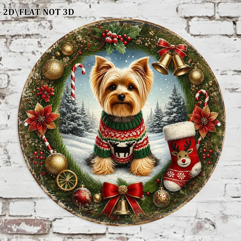 1pc 20.32 X 20.32 cm 2D Flat Circular Sign, Vintage Plaque about Yorkshire Terrier, Christmas Yorkshire Terrier Decor Sign, Suit