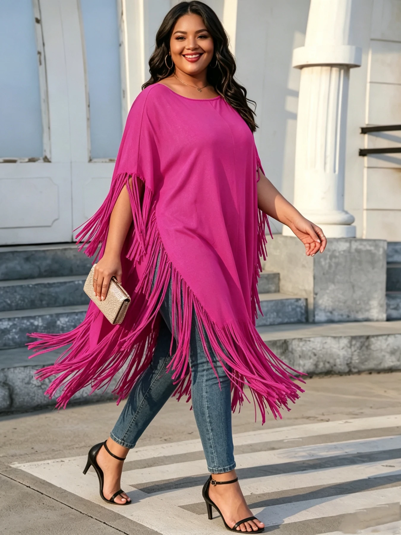 Women's Plus Size Fringe Poncho Cover Up, Solid Color Boho Oversized Tassel Beach Cape, Music Festival Loose Long Tunic Top