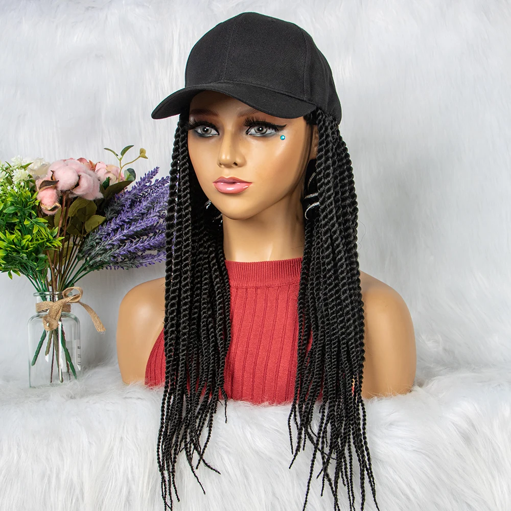 Pelucas trenzadas sintéticas baratas con gorra de béisbol, pelucas de caja de Color Natural para mujeres negras Afro, uso diario, sombrero blanco, 24 pulgadas