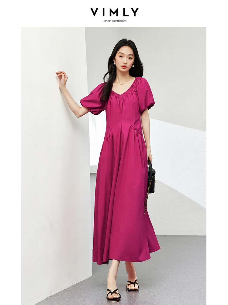 

VIMLY Women's French Style V- Neck Elegant Dress Summer New Solid Simple Bubble Sleeve Short Sleeve Waisted A-Line Dress