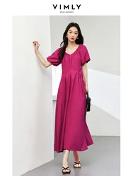 VIMLY Women's French Style V- Neck Elegant Dress Summer New Solid Simple Bubble Sleeve Short Sleeve Waisted A-Line Dress