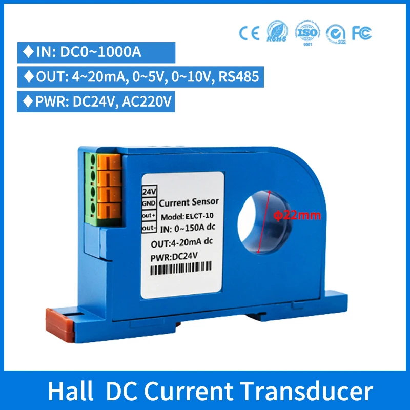 

4-20mA 0-10V RS485 Hall DC Current Transmitter 0-1000DC Hall Effect Current Sensor Isolation DC Current Transducer