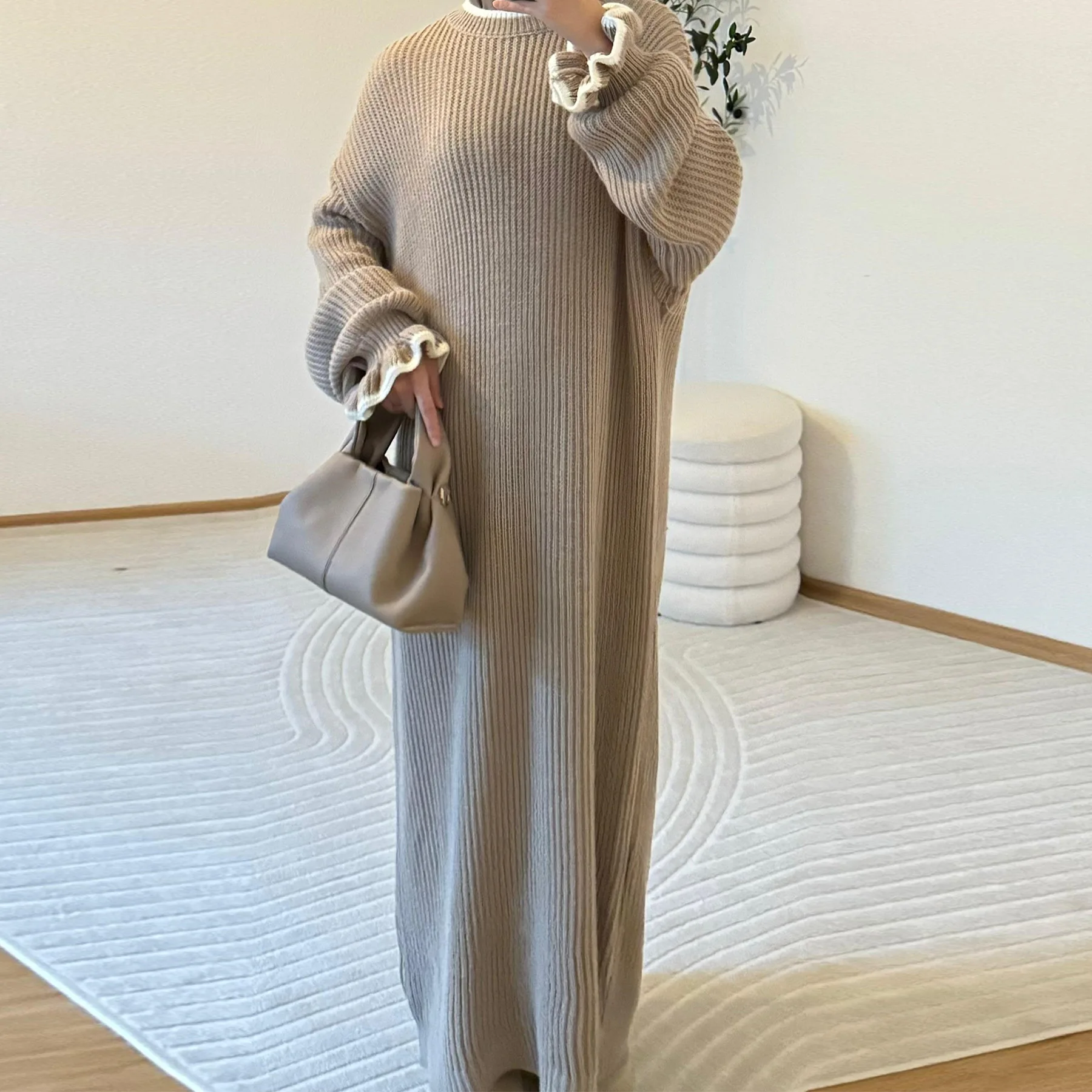 Dubai Middle East Autumn Winter Knitted Long Dress Modest Muslim Women Sweater Dresses Turkey Kaftan Ramadan Abaya Caftan Robe