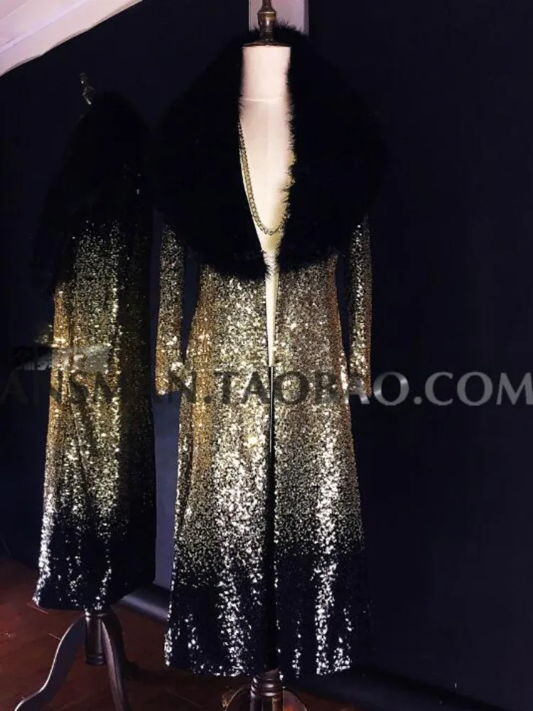 New Nightclub Male Singer Dj Host Catwalk Jackets High-end Embroidery Black Gold Gradient Long Fur Trench Coat Male Costume