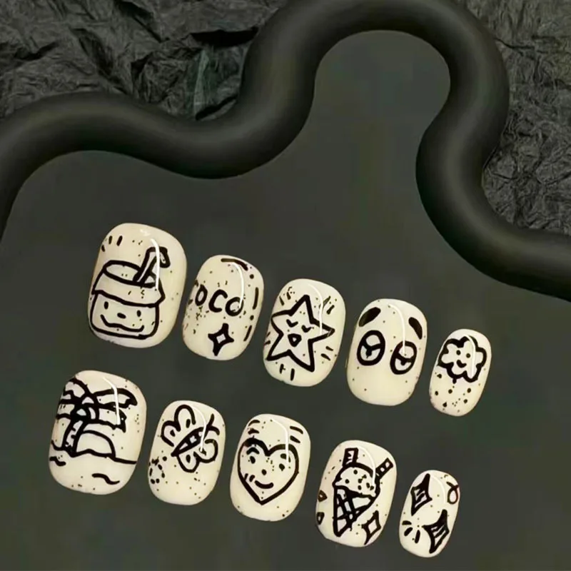 30pcs Star Paw Print Polka Dot Press On Nails Black White Gray Color Block Fake Nail Short Square Kawaii False Nail for Women - view 4