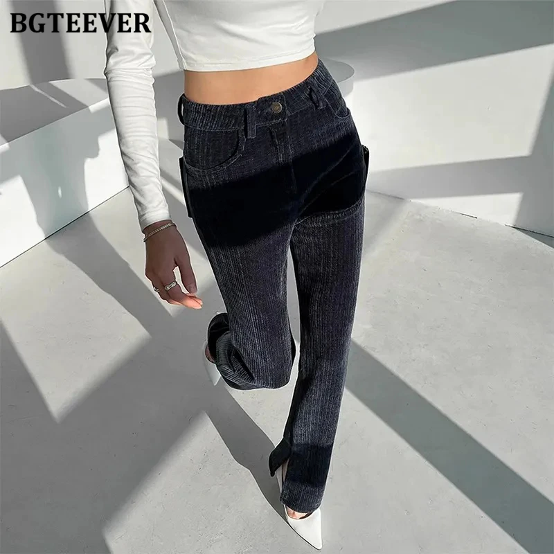 BGTEEVER Stylish Flare Corduroy Trousers for Women Autumn Fashion High Waist Pockets Female Long Pants