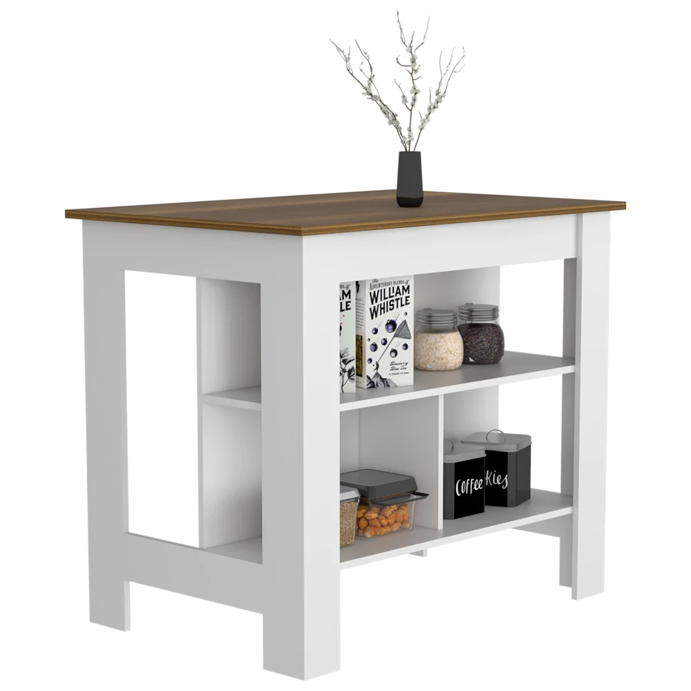 Kitchen Island Kitchen Table 35" H Four Legs Three Open Storage Shelves White / Walnut