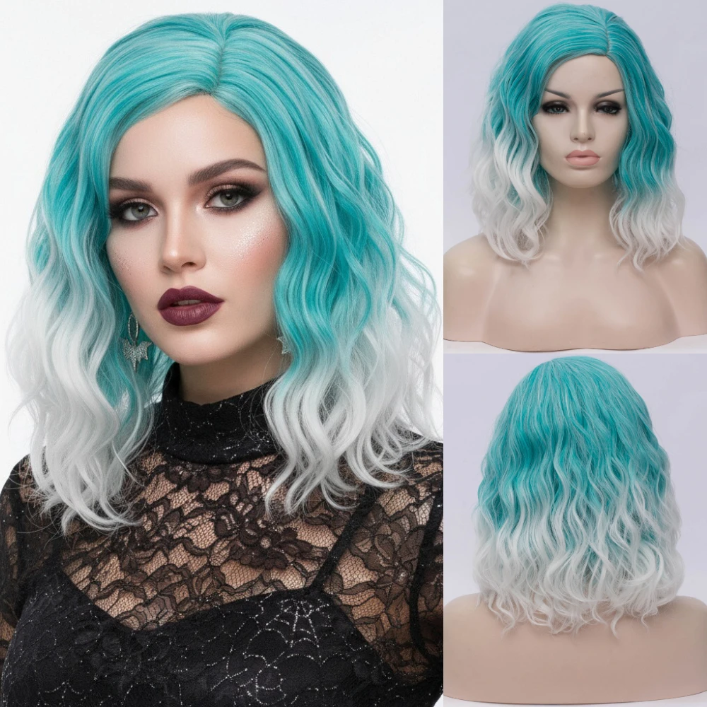 

Термостойкий короткий волнистый средний зеленый белый парик с эффектом омбре, синтетические волосы для женщин, косплей, Хэллоуин и вечеринка