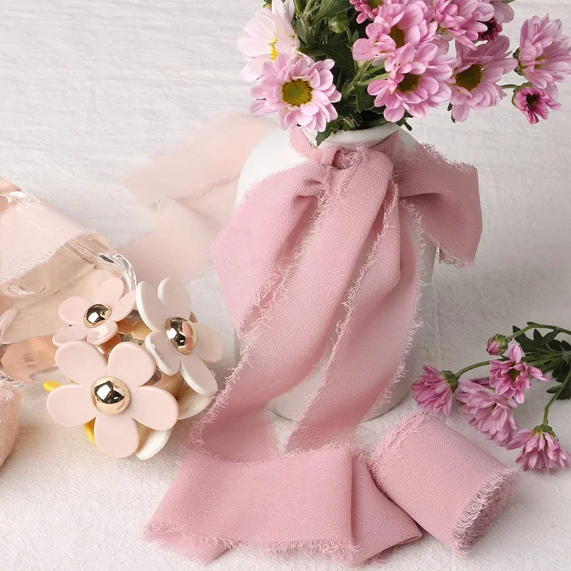 5 Meters Hand Torn Edge Chiffon Ribbon Wedding Hold Flower Tassel Ribbon Bow Decoration Snow Silk Fabric Strip