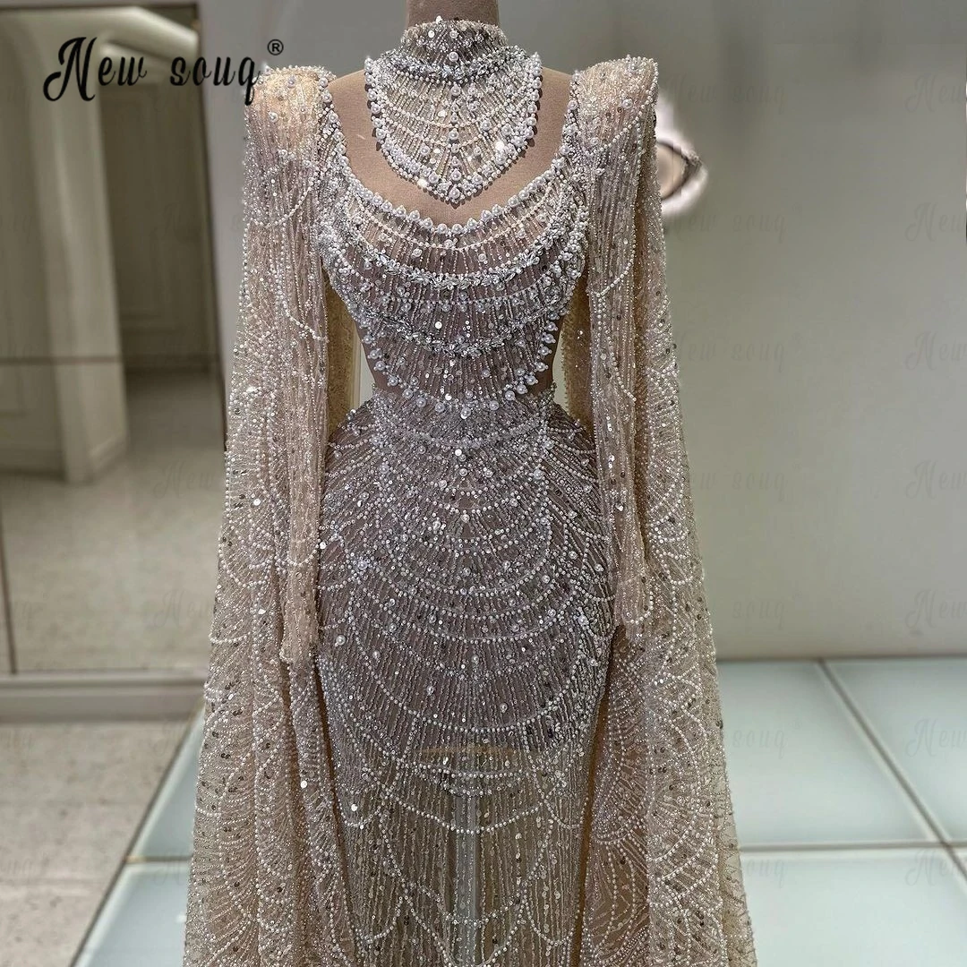 Muslim Women Champagne Long Evening Dress Cape Sleeve Luxury 2024 Wedding Party Gowns Dubai Formal Prom Gowns Quinceanera Dress