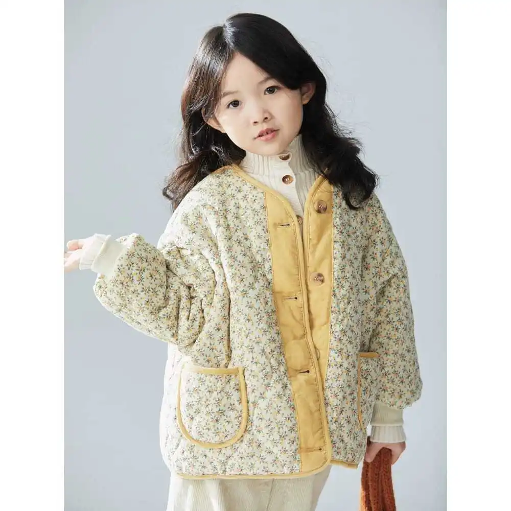 Thick Girls\' Winter Korean Cute Floral Padded Corduroy Goose Yellow Padded Fashion Warm Casual Sweet Jacket