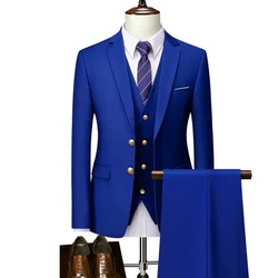 Men Business 3 Pieces Suits Sets / Male Groom Wedding Banquet Solid Color High End Custom Large Size Brand Blazers Jacket Coat