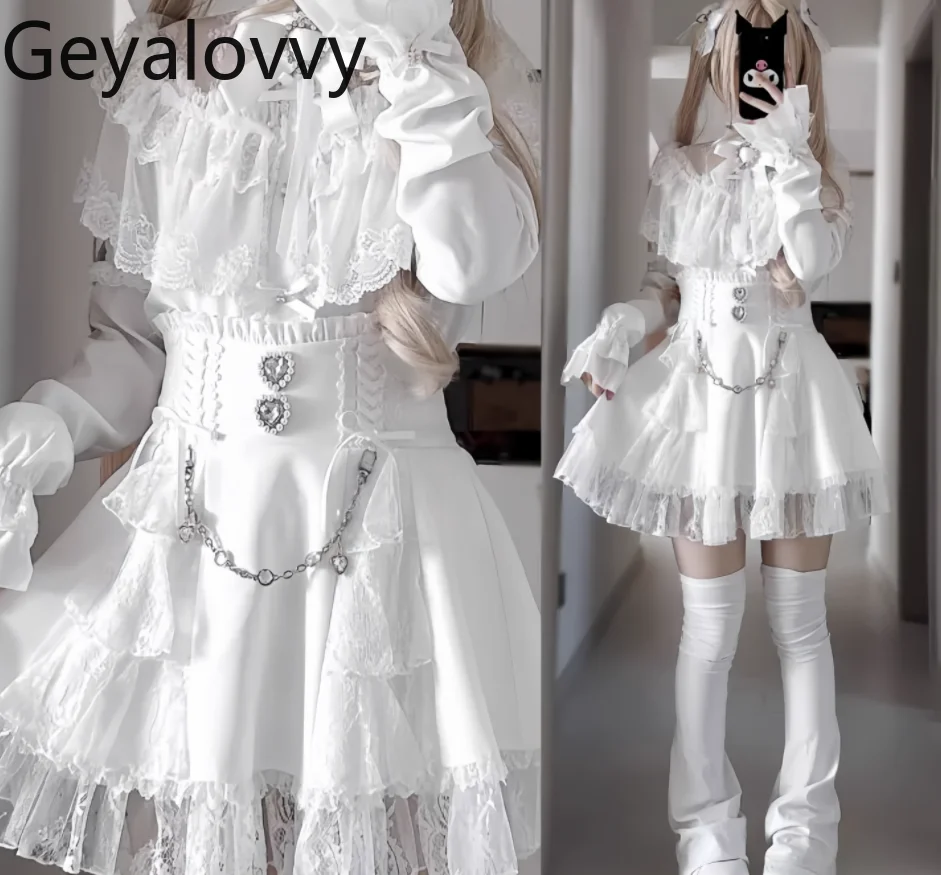 Letnia, codzienna krótka spódniczka z wysokim stanem, słodka, z koronkowym wykończeniem z dżetów, mini spódniczka w kształcie litery A dla kobiet, styl japoński Lolita.