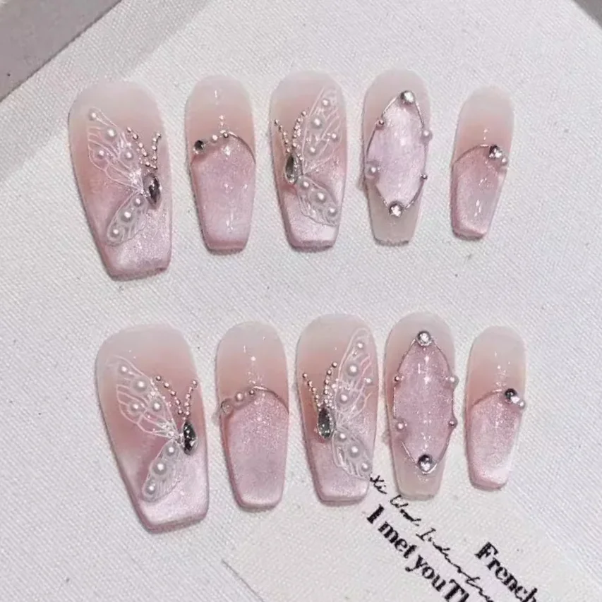 10 pezzi fatti a mano stampa sulle unghie copertura completa dolce farfalla occhio di gatto French Ballet Design Manicure unghie finte punte per