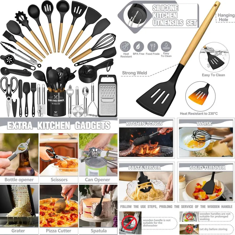 

Набор силиконовых кухонных принадлежностей из 34 предметов с держателем, набор термостойких лопаток для посуды с антипригарным покрытием, черная кухонная ручка с деревянной ручкой