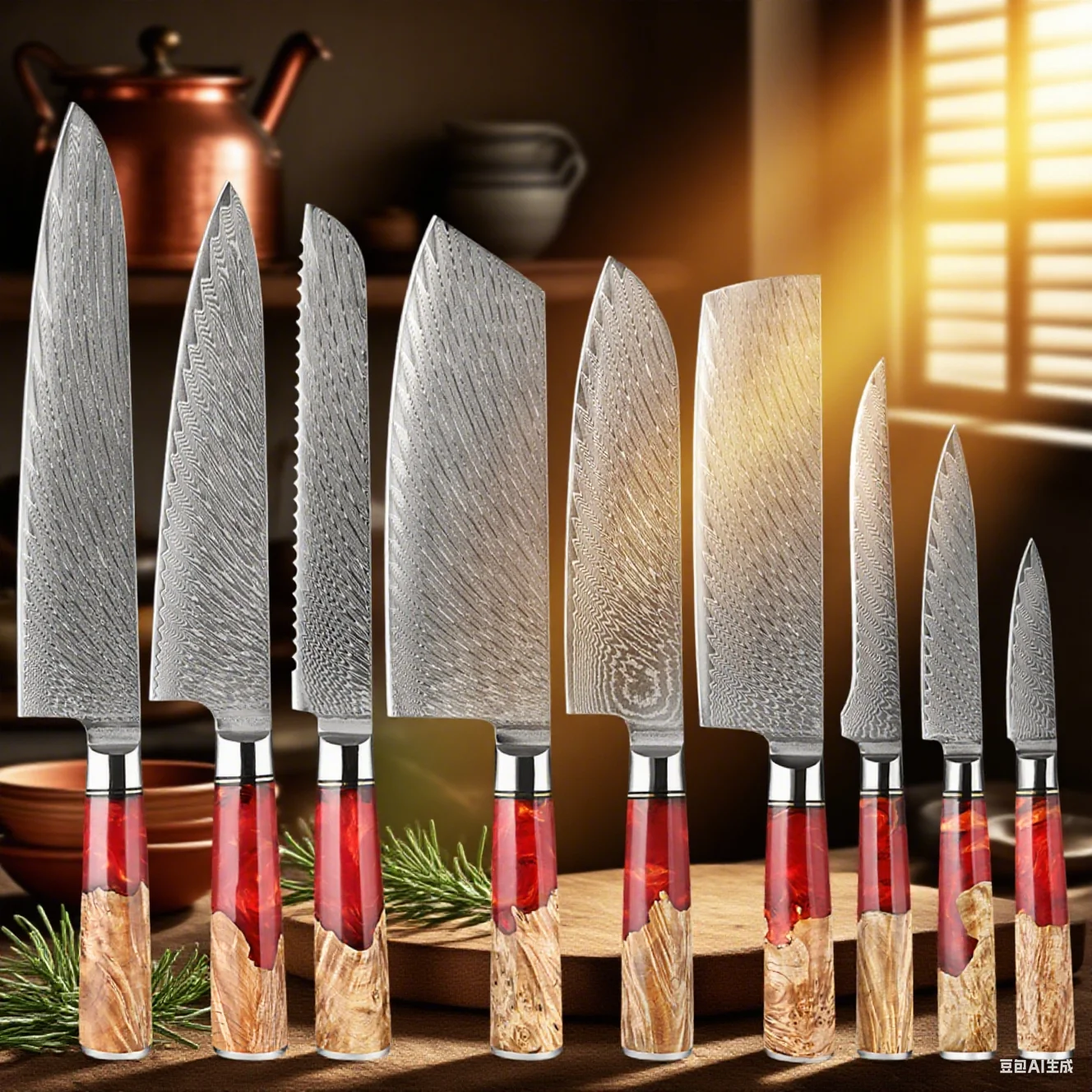 

High-end Japanese Damascus steel 1-9 pcs kitchen knife set practical chef's knife Santoku knife ergonomic handle cooking tools