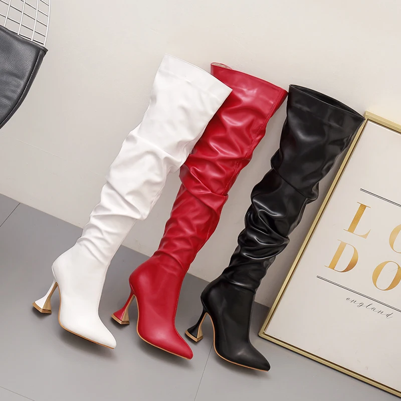 Their fine ladies boots with high pointed white with knee-high boots to fix the leg thin glass with fold shoes fashionable boots