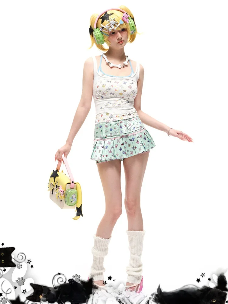 

CFIERCE Printed Sticker Pleated Skirt High Waist Polyester Lace Sweet Style Youth Ladies Daily Travel Skirt