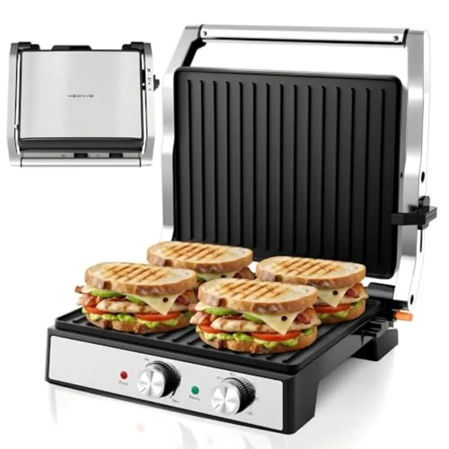 Panini Press Sandwich Maker with Temp Time Setting 4 Slice Large Non-stick Versatile Grill Press Opens 180 Degrees