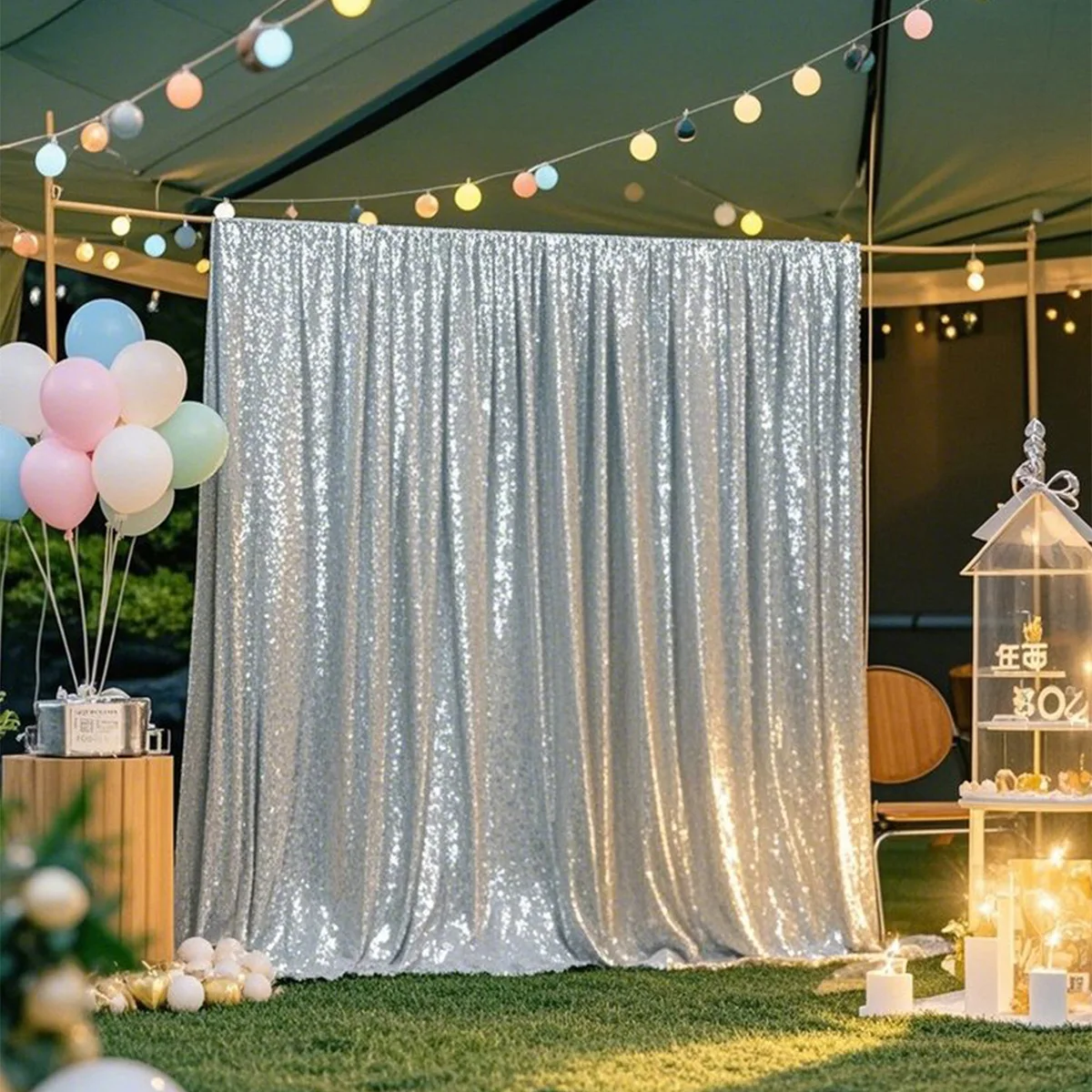 2 Panels Silver-Sequin Backdrops Sequin Fabric Sparkly Photography Backdrops Curtains for Party Wedding Background Decoration