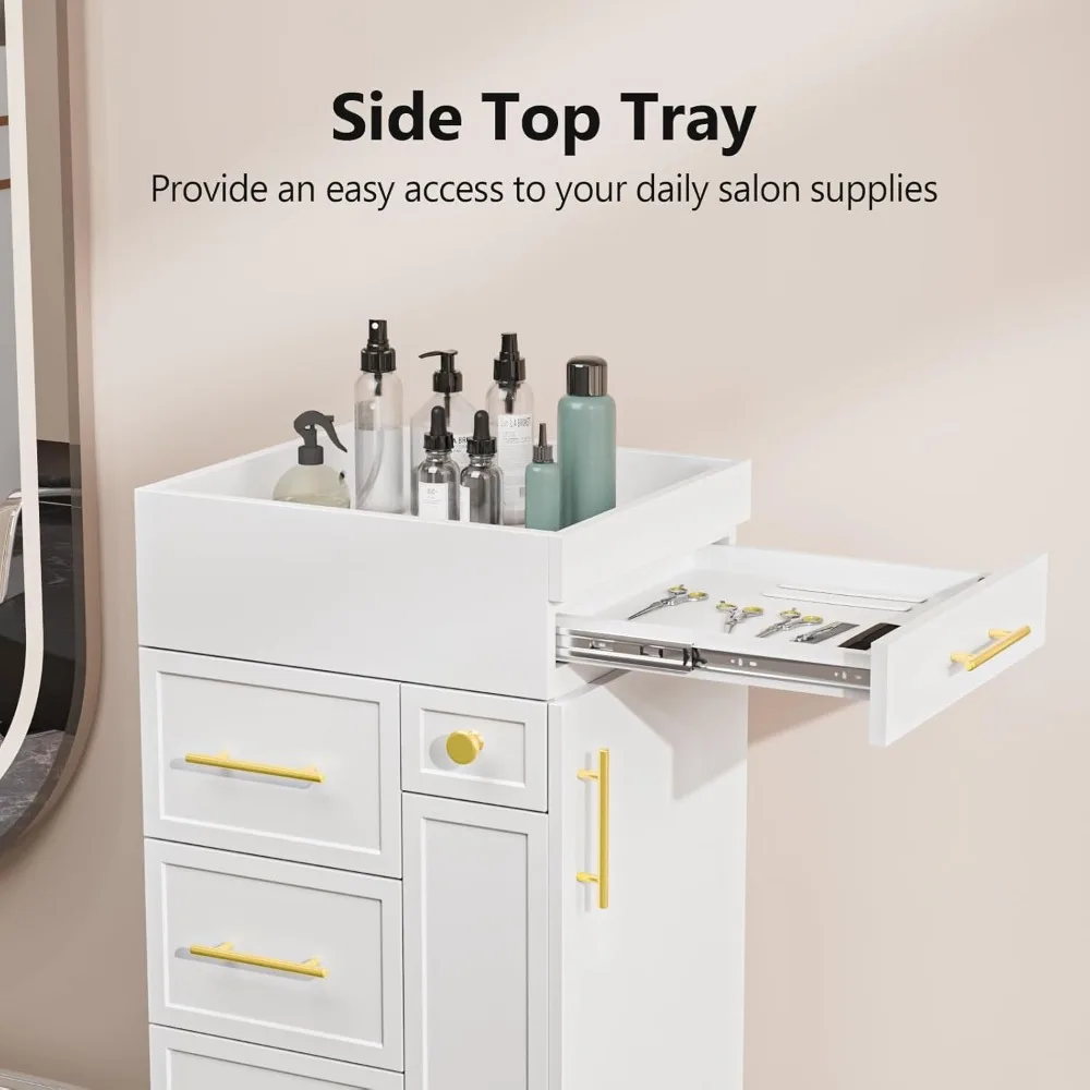 Carrinho de salão de beleza, estação de estilo de cabelo com 5 gavetas, 3 porta-ferramentas e prateleira ajustável, armário de armazenamento móvel