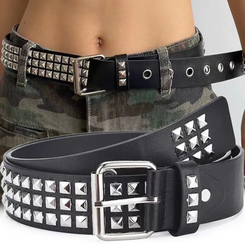 

Fashion Women Punk Rivet Chain Belt Adjustable Black DoubleSingle Eyelet Grommet Metal Buckle Leather Men Waistband for Jeans